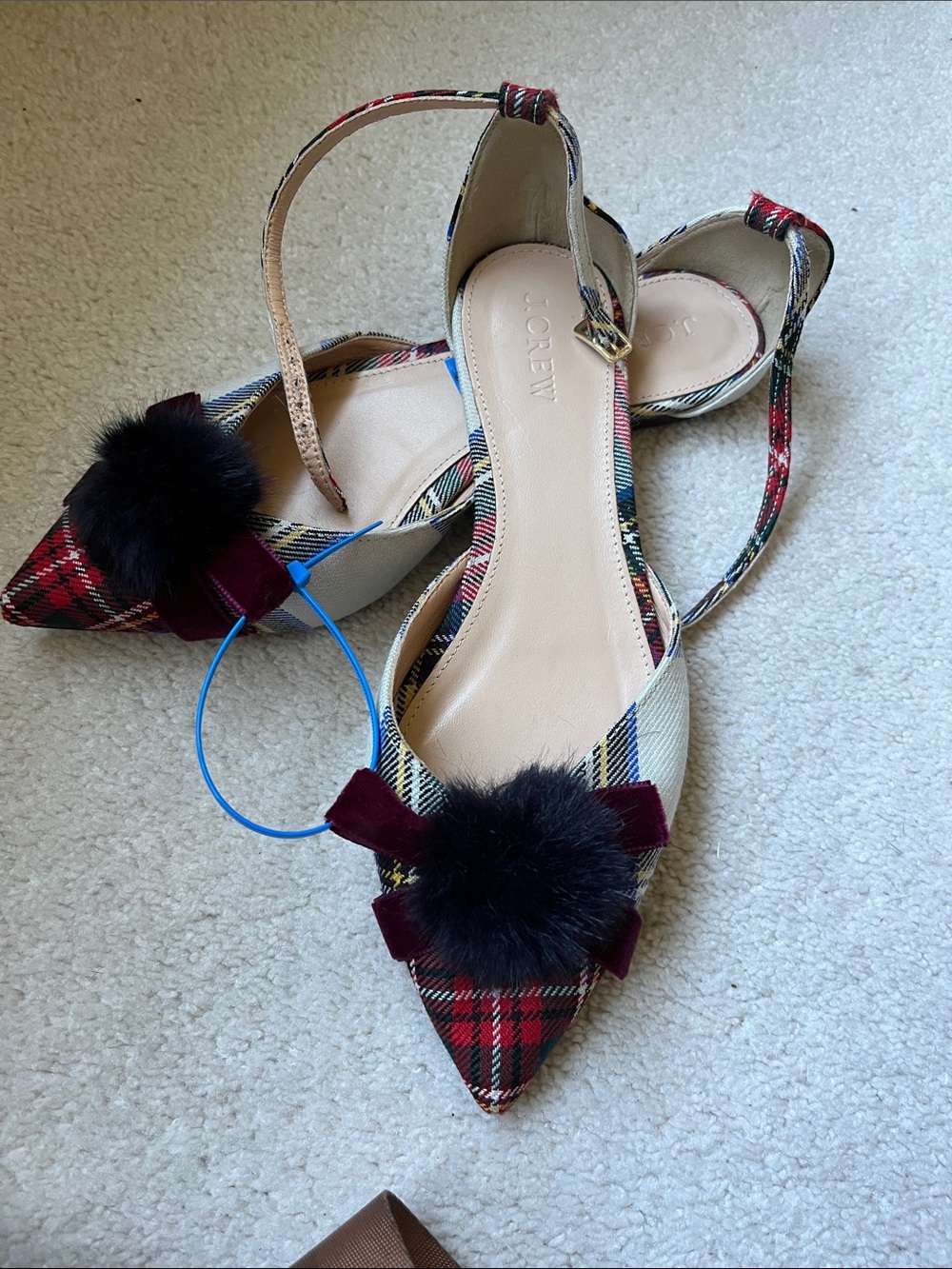 J. Crew Red Plaid Pointed Flats with Black Pom and Burgundy Bow